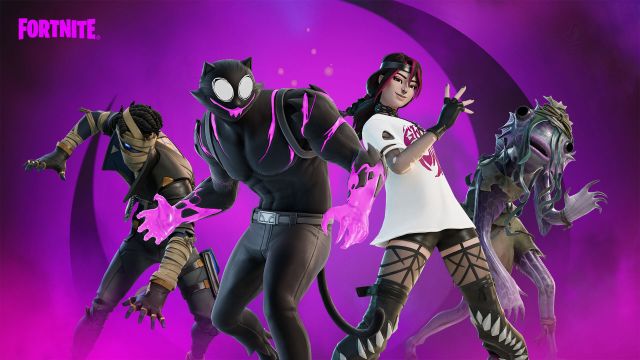 Fortnite's wrapped rapscallion Seth, muckfish Bogstick, monstrosity Phantom Meowscles, and nautilus Festival Phaedra skins from letft to right