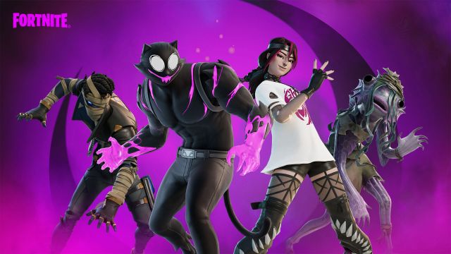 Fortnite's wrapped rapscallion Seth, muckfish Bogstick, monstrosity Phantom Meowscles, and nautilus Festival Phaedra skins from letft to right