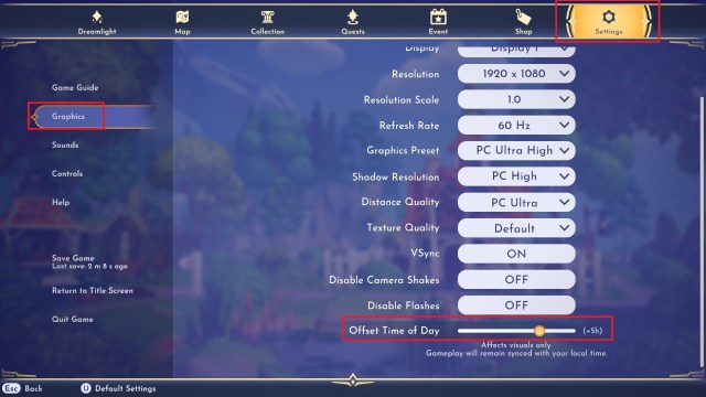 The offset time of day feature highlighted in the settings menu.