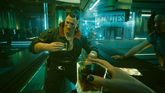 Jackie and V clinking raising a toast in The Afterlife (Cyberpunk 2077).