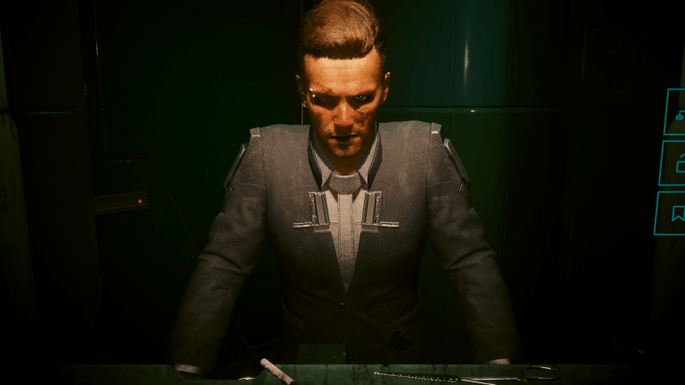 V looking at himself in the mirror with blood on his face (Cyberpunk 2077).