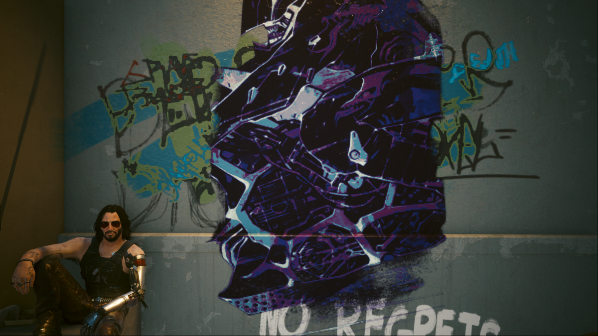 Johnny Silverhand sitting next to a strange graffiti mural in an alleyway in cyberpunk 2077.