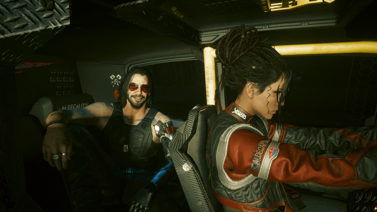 Panam and Johnny sitting in Panam's truck in Cyberpunk 2077