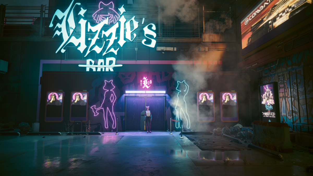 The front of Lizzie's bar in Night City (Cyberpunk 2077).