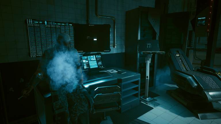 Nix smoking a cigar in his Netrunning office in Cyberpunk 2077