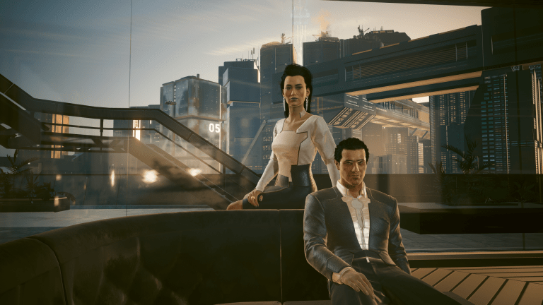 Elizabeth and Jefferson Peralez sitting on the couch in their penthouse (Cyberpunk 2077).