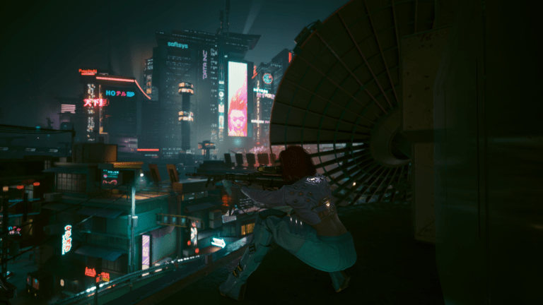 V aiming a sniper rifle in Cyberpunk 2077.