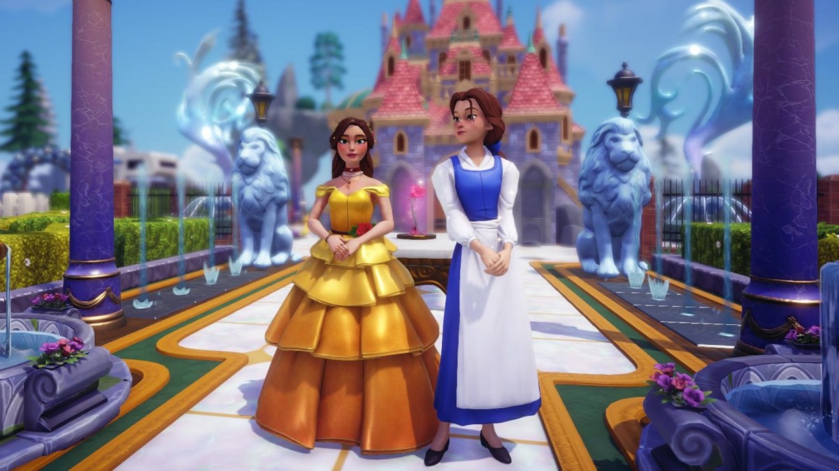 The player standing with Belle in front of the Beast's castle.