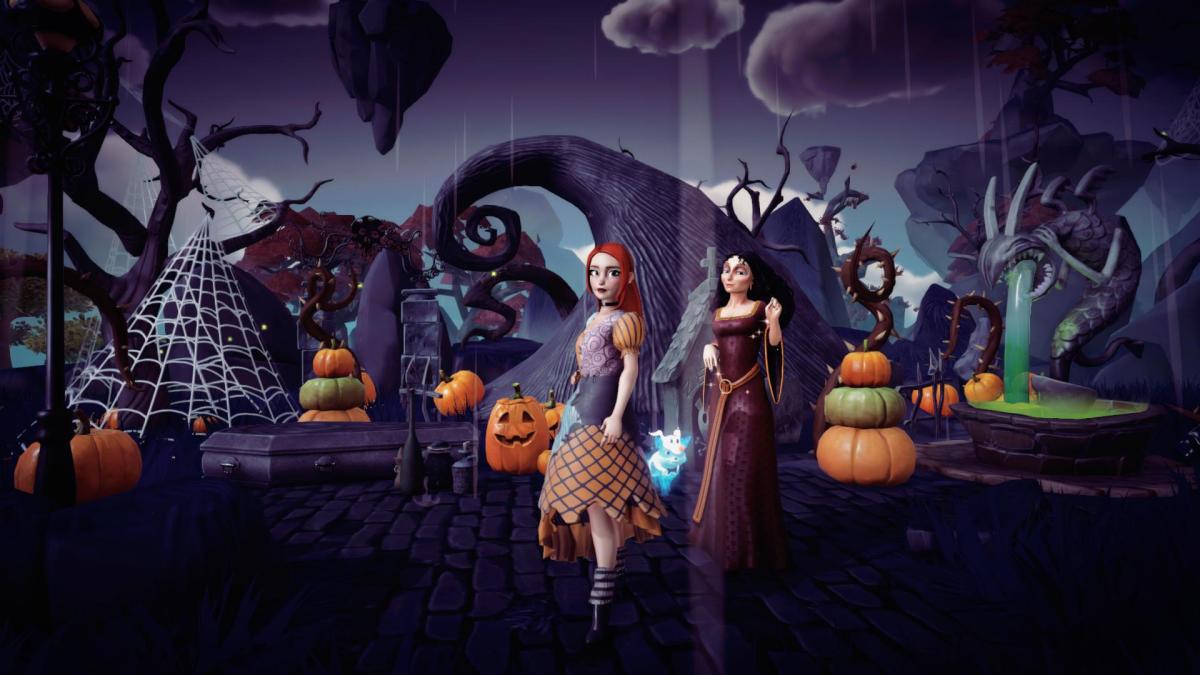 The player dressed as Sally standing next to Mother Gothel in the Forgotten lands.