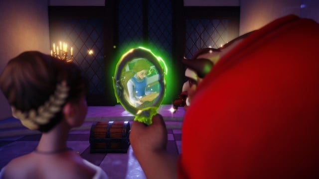 The player and the Beast looking into the enchanted mirror in a screenshot from Disney Dreamlight Valley. 