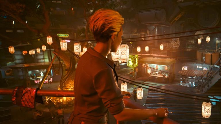 A woman with short hair standing on a metal balcony above a street in Cyberpunk 2077