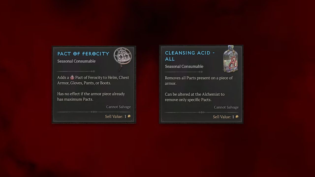 Two cards showing cleansing acid and pact consumable in Diablo 4