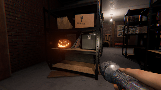 A pumpkin on some shelves in a basement.