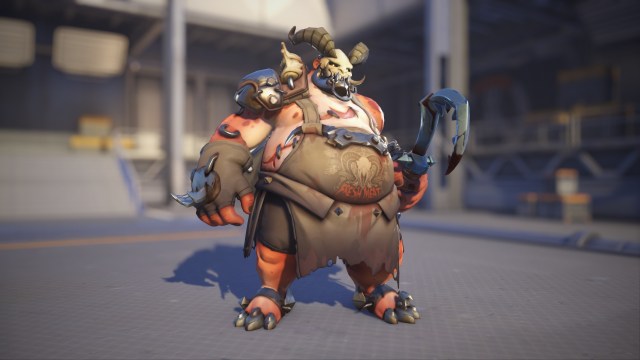 A screenshot of Roadhog's Butcher skin in OW2.