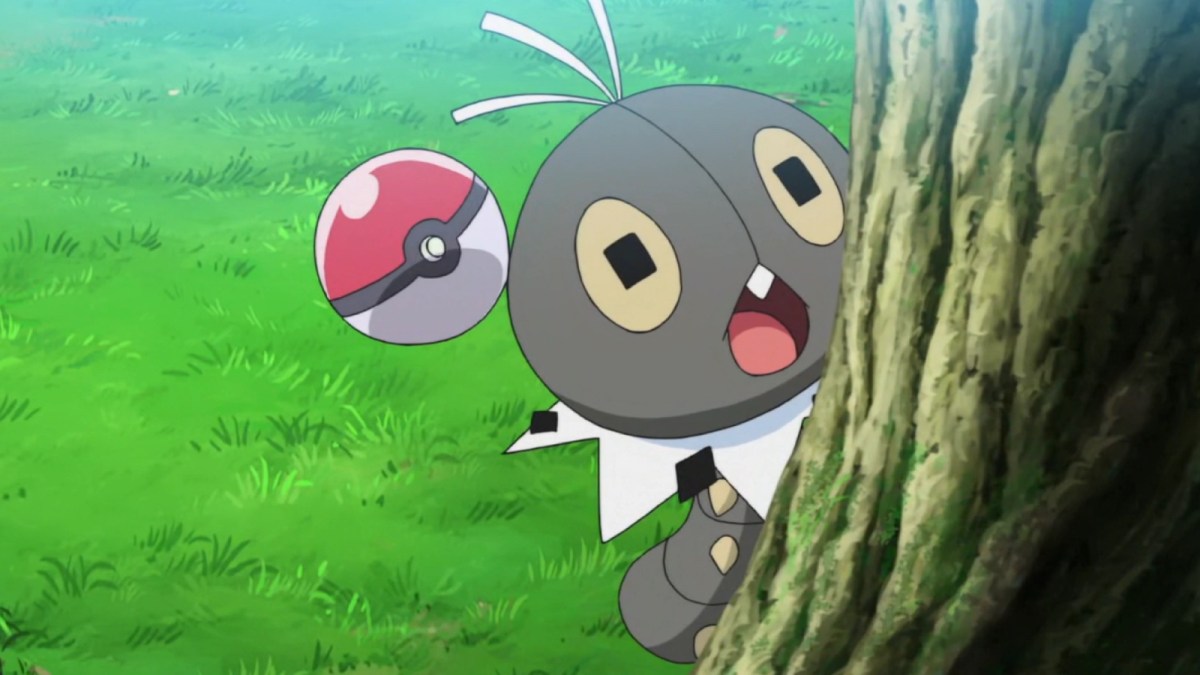 Scatterbug hiding behind a tree in the Pokémon anime.