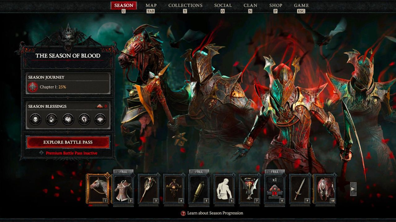 The Diablo 4 season two battle pass page with rewards, progress, and menu options