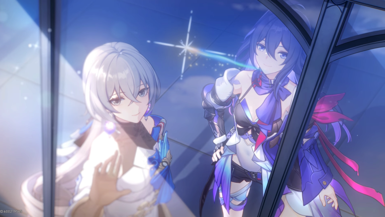 Bronya and Seele smiling while looking out of a window.