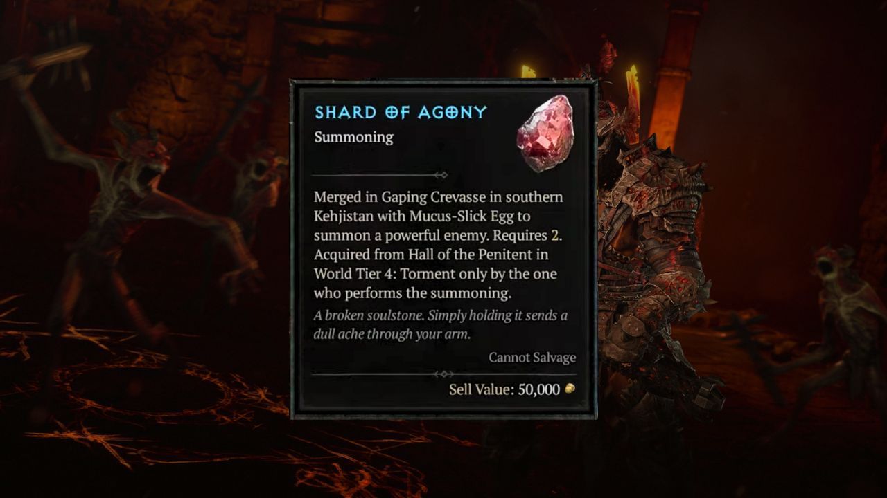 Shard of Agony information card in Diablo 4 Season 2