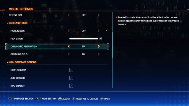 chromatic abberation setting in spider-man 2 menu