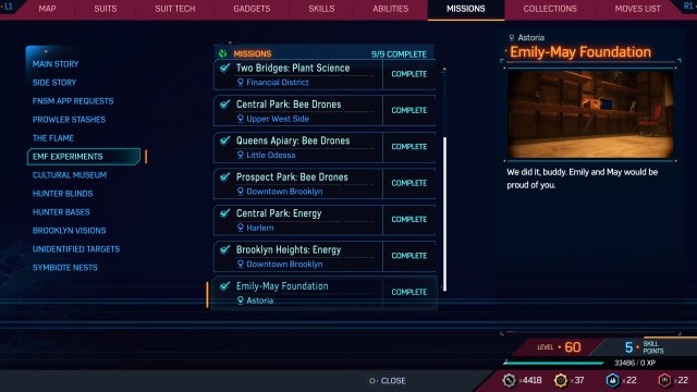 A screenshot of the Missions menu in Spider-Man 2, on the EMF Experiments tab.