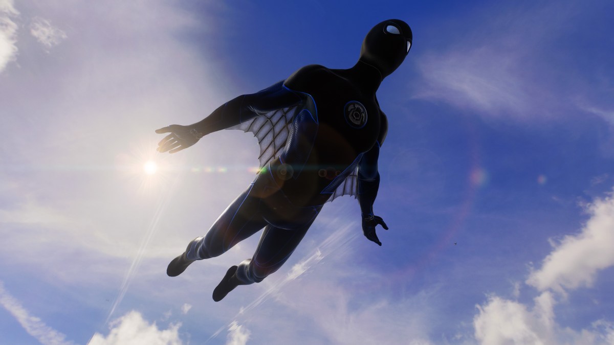 Spider-Man gliding through the skies in his New Blue suit.