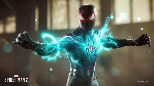 Miles Morales powers up his bioelectricity abilities.