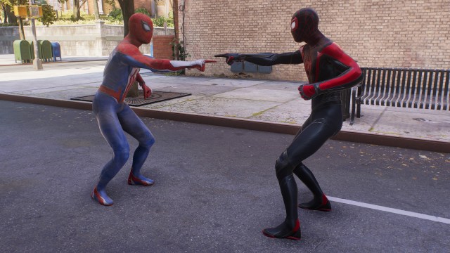 A screenshot of Peter Parker and Miles Morales reenacting the Spider Point meme.