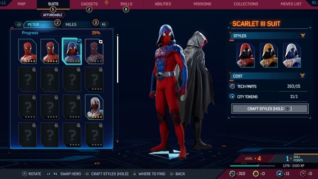 A screenshot of Spider-Man 2's Suits tab, showing off the Scarlet III suit for Peter.