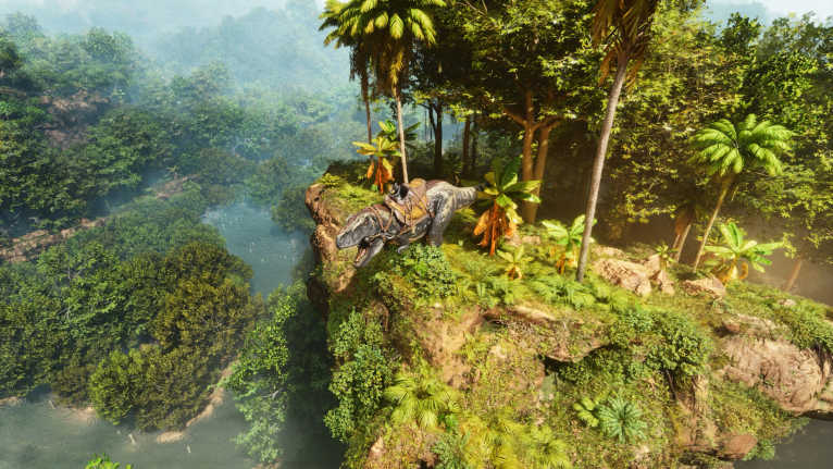 A dinosaur on the edge of a cliff in Ark: Survival Ascended