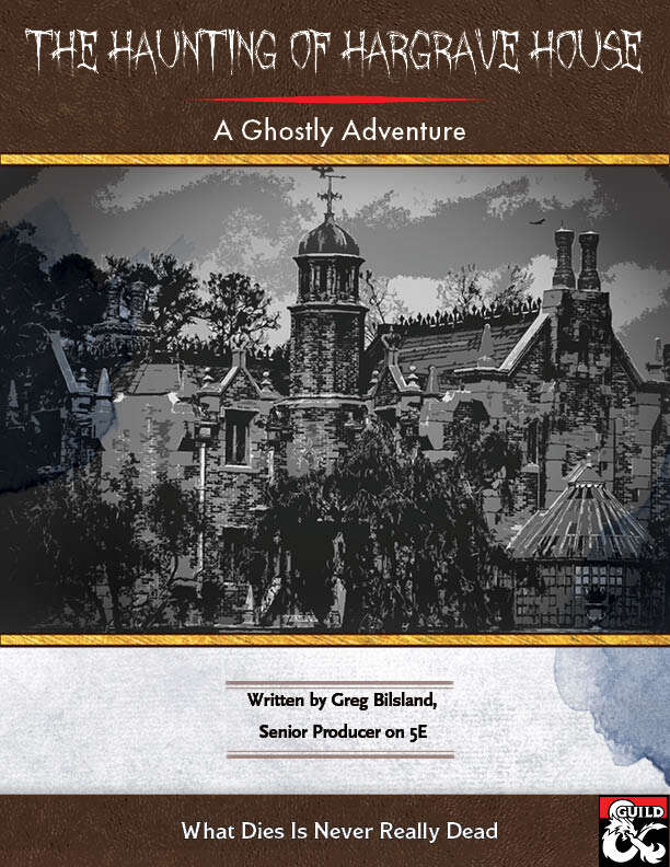 A lonely mansion stands in black and white on this cover of a DnD 5E adventure.