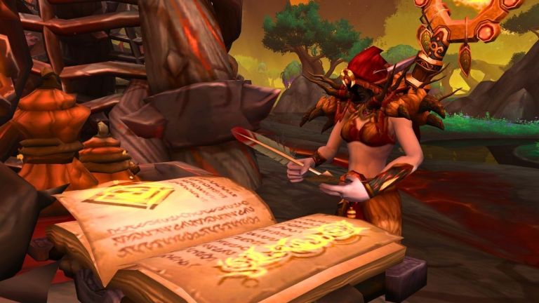 A woman standing in front of a large book in WoW Dragonflight