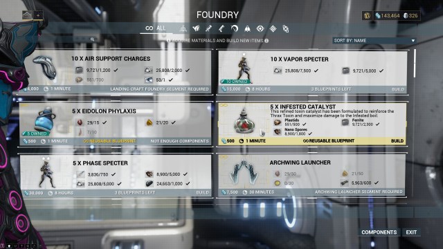 The foundry showing how to craft various items including Infested Catalyst