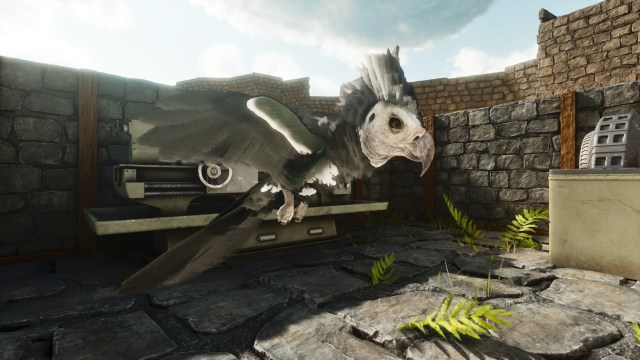 A Chibi Argentavis flying above the ground in Ark: Survival Ascended.