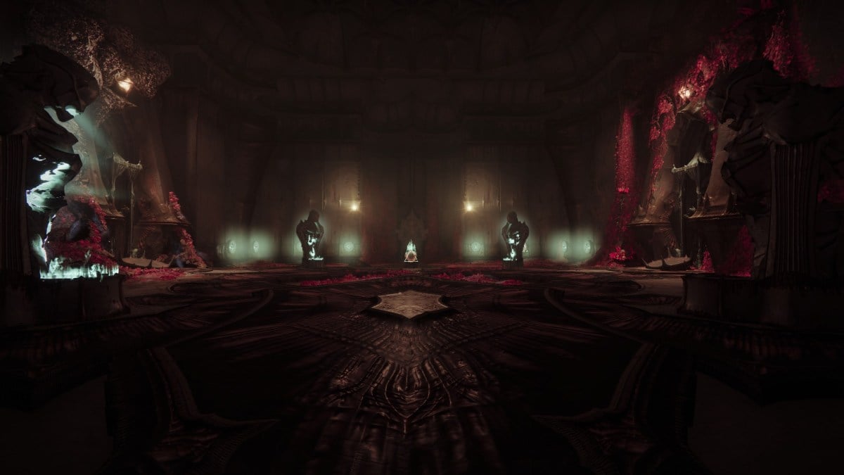 A darkly lit room features five glowey figures.