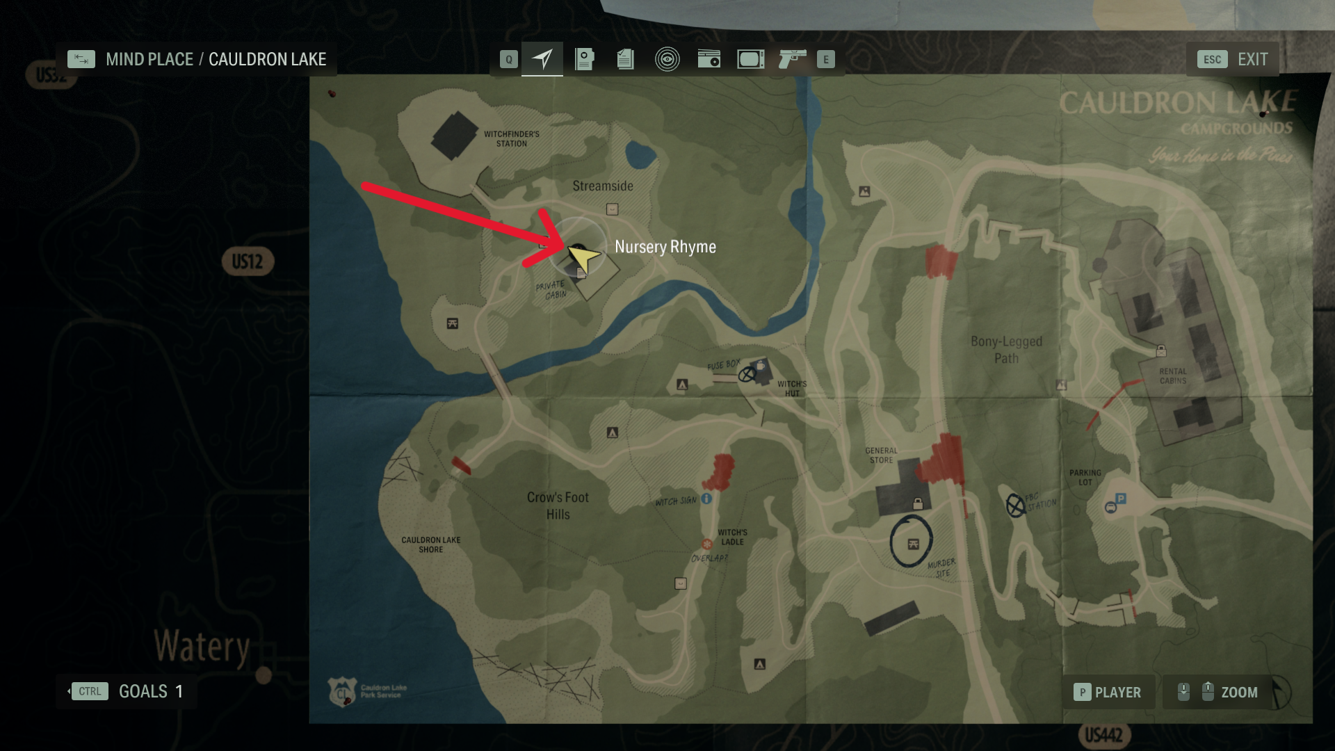 The map of Cauldron Lake in Alan Wake 2, with a red arrow highlighting the location of the Private Cabin.