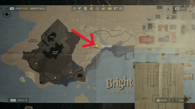 The map of Bright Falls in Alan Wake 2, with an arrow highlighting the location of the car puzzle Cult Stash.