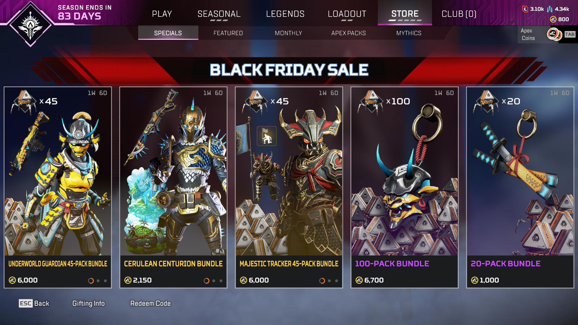 The bundle options for the 2023 Apex Legends Black Friday Sale.