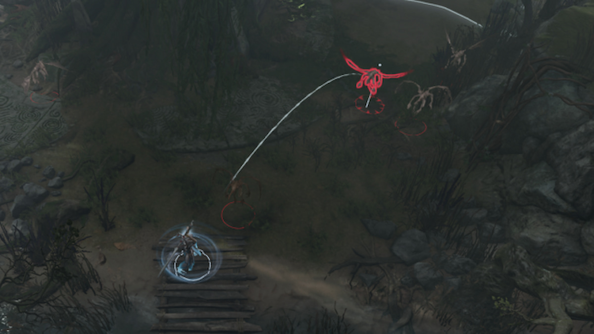 The Githyanki Warrior Lae'zel prepares to throw her greatsword across a muddy landscape in BG3. Her target is a muddy demon, small in stature.