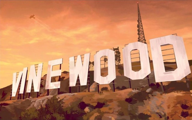 A promotional picture of GTA V with the white Vinewood sign showing.
