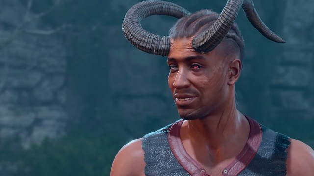 Image of a horned man looking off screen in Baldur's Gate 3.