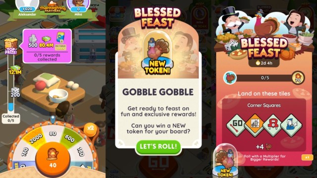 Showing the wheel of fortune the announcement and the progression bar in Monopoly Go's Blessed feast event