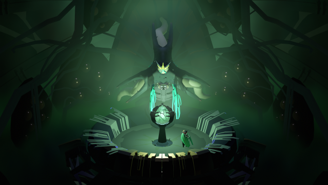 A small moth-like creature stares up at a glowing green orb. Behind the orb stands a giant moth creature.