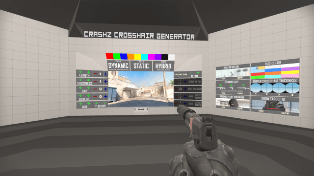 Screenshot of the crosshair generator panels in CS2 map rashz' Crosshair Generator v4.