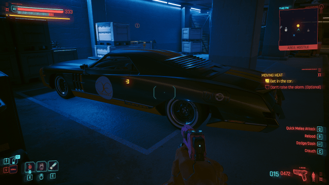 the R7 Charon sports car parked in a garage at the end of the Moving Heat side-gig (Cyberpunk 2077).