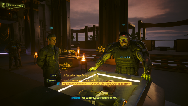 Bennett and Jago standing over Hansen's coffin in the Black Sapphire (Cyberpunk 2077).