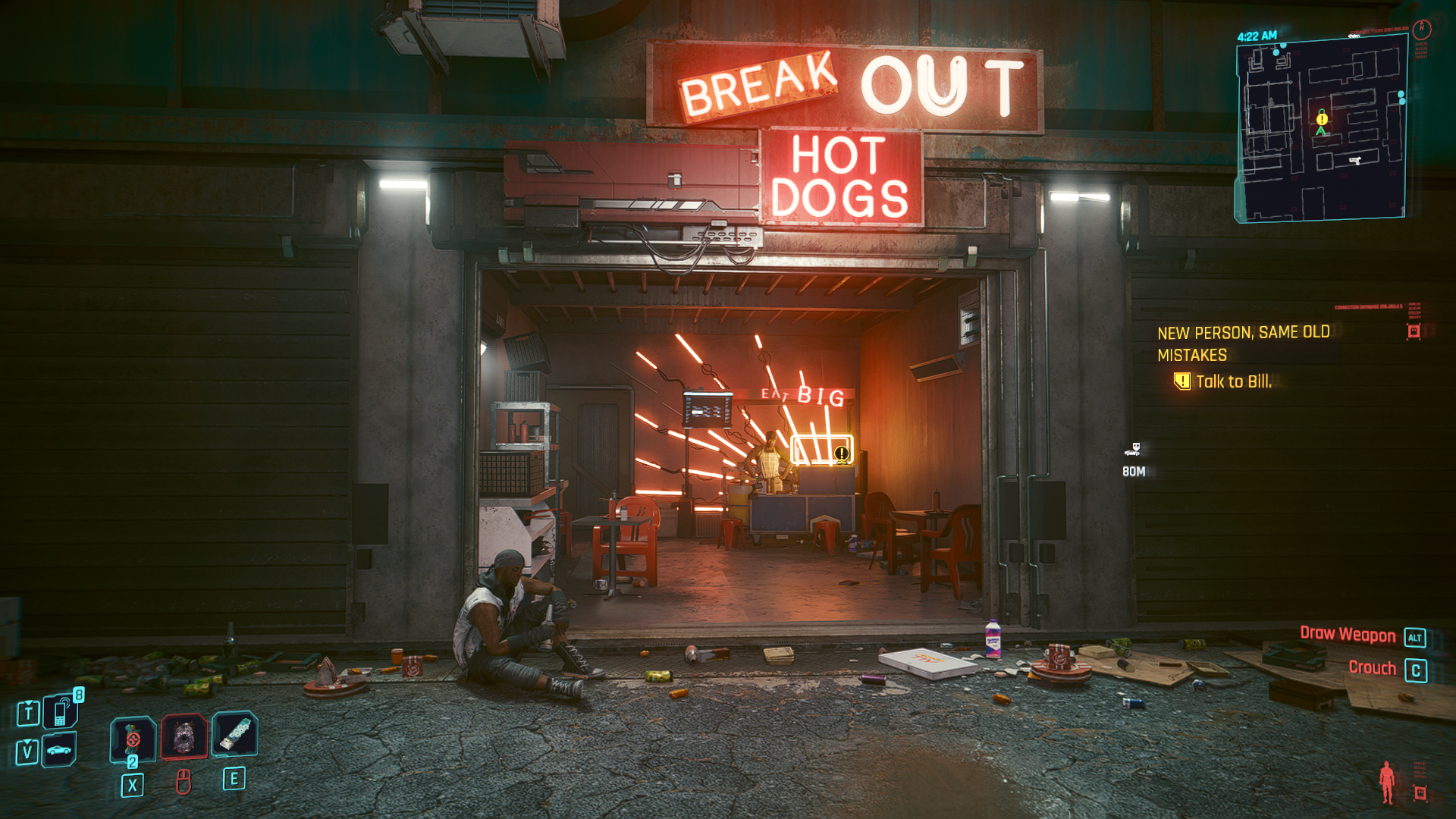 The entrance to Break Out Hot Dogs, a restaurant in Cyberpunk 2077.