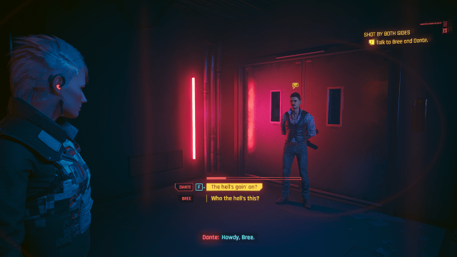 Dante, a man in a stylish vest, confronting Bree in a dark room lit by red light in Cyberpunk 2077.