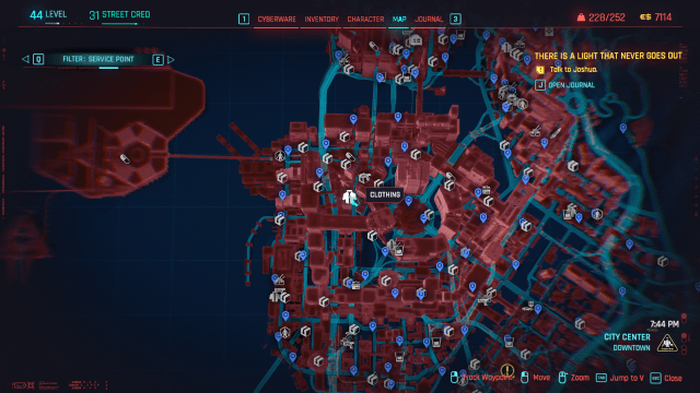 The map of Night City in Cyberpunk 2077 with the Jinguji clothing store icon being highlighted in Cyberpunk 2077.