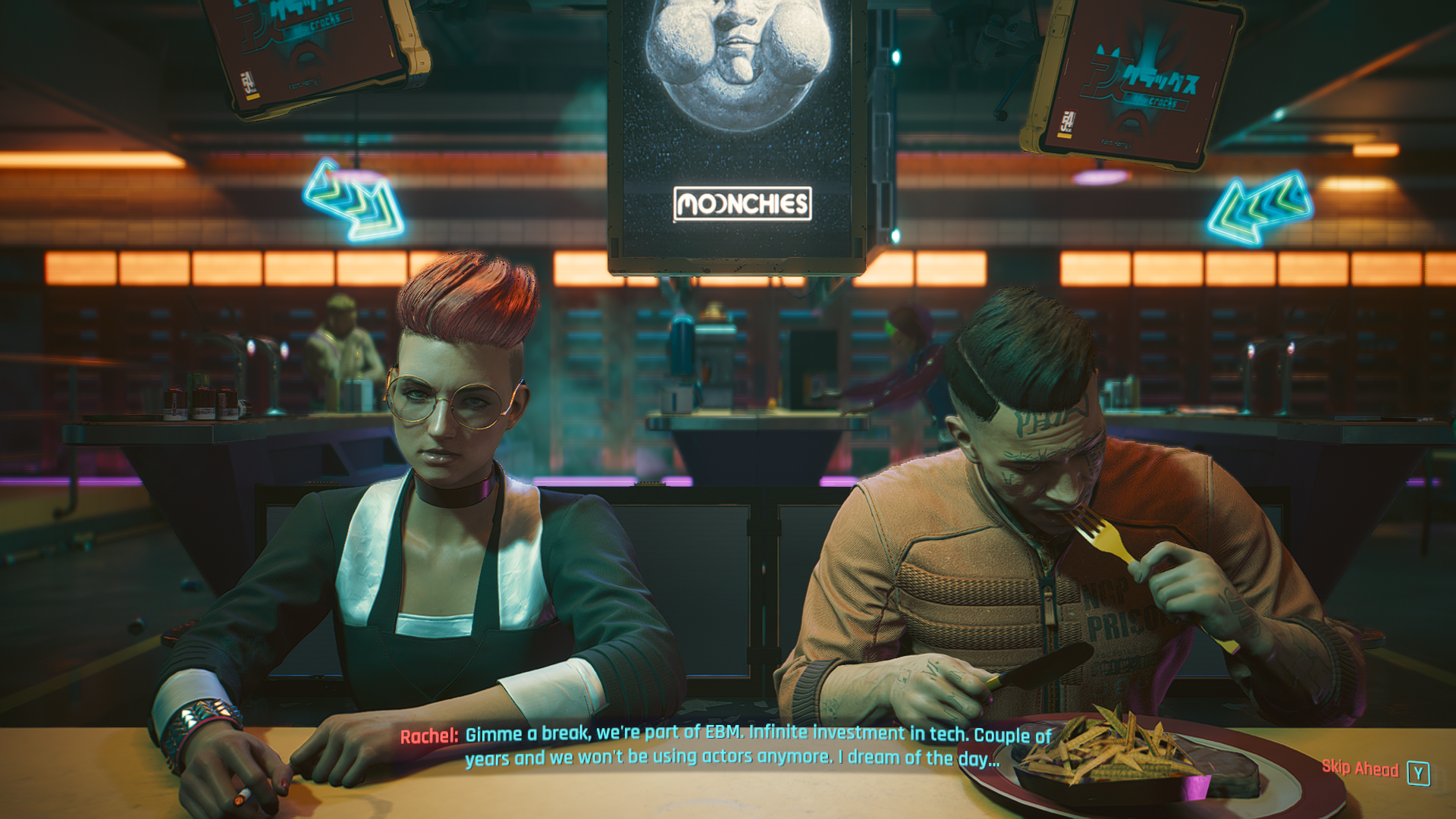 Rachel and Joshua sitting at a diner in Cyberpunk 2077. Joshua is eating while Rachel talks about the future of filmmaking.