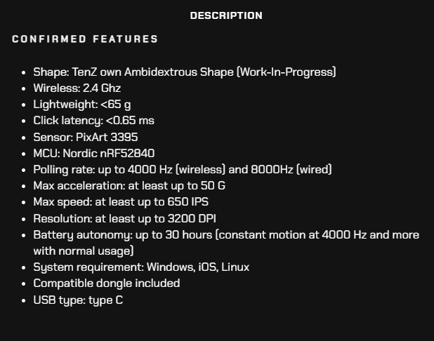 The key specs of TenZ's first gaming mouse.